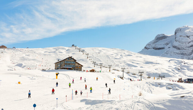 View of Passo Groste - Ski slopes of Madonna di Campiglio. Alpine Ski resort of Trentino Alto Adige into Dolomiti di Brenta Park. Italy