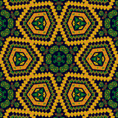 Textured African fabric. Abstract narcissus flower. Golden yellow, orange, green and black colors. Illustration