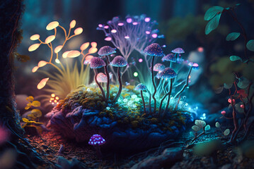 Fairy forest at night fantasy glowing flowers, Generative Ai