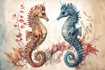 Watercolor seahorses illustration created by generative AI - obrazy, fototapety, plakaty