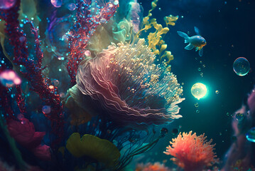 Fototapeta na wymiar underwater beauty fantasy glowing flowers. Generative Ai