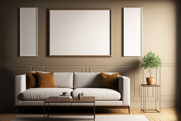 3 Frame mockup in modern classic living room interior background, 3D render, Generative AI