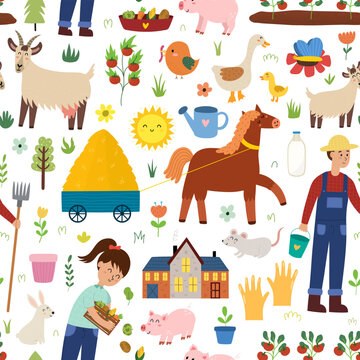 Farm seamless pattern with cute animals. Countryside background in cartoon style for fabric and textile with a horse, goats, pigs, goose. Colorful wallpaper for kids. Vector illustration
