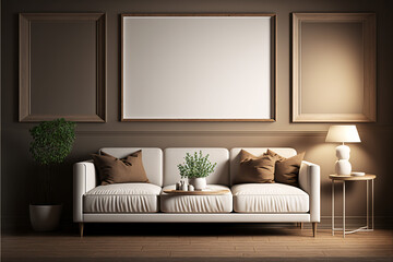 3 Frame mockup in modern classic living room interior background, 3D render, Generative AI