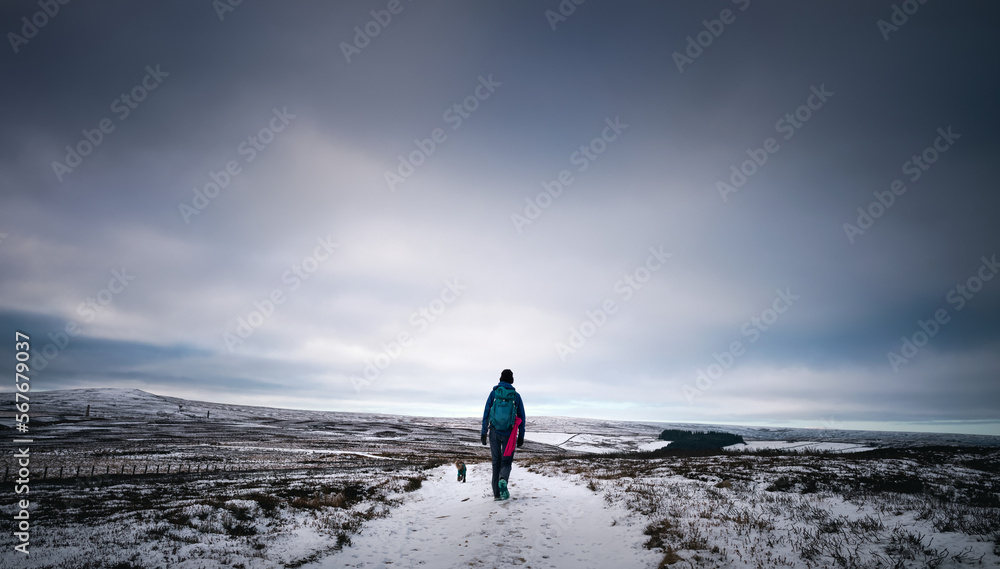 Sticker A hiker and their dog walking up a hill through the snow at Buckshott Fell in winter near Blanchland, Northumberland  in England UK.