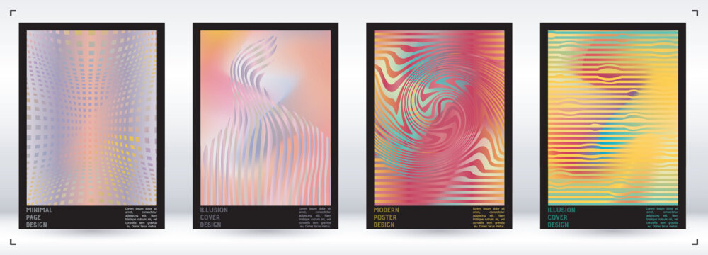Geometrical Poster Design with Optical Illusion Effect.  Minimal Psychedelic Cover Page Collection. Colorful Wave Lines Background. Fluid Stripes Art. Swiss Design. Vector Illustration for Placard.