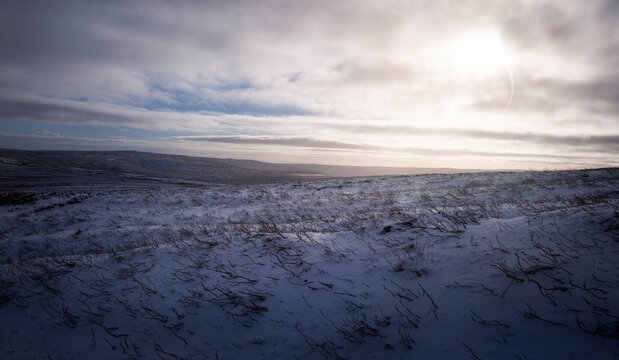 The frozen snow covered landscape, countryside of Muggleswick and Edmondbyers Common, moor in winter near Blanchland, Northumberland  in England UK.