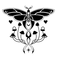 Graphic silhouette, tattoo of mystical moth with shrooms. Mystery boho art, night fly, vintage isolated vector graphic.