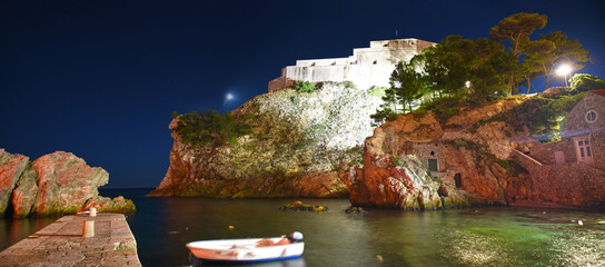 night view to the medieval Lovrijenac Fort at the northern harbor entrance from the old town walls in Dubrovnik, Croatia, Adriatic Sea, Dalmatia region