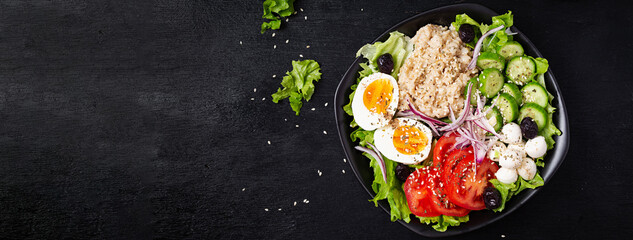 Fototapeta na wymiar Healthy breakfast. Savory oatmeal with fresh cucumber, tomatoes, olives, lettuce, mozzarella cheese and boiled egg. Top view, banner