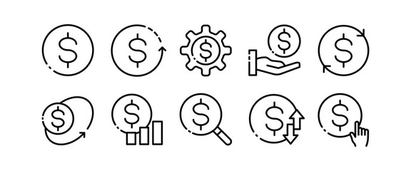 Euro coin stat set icon. Money, cash, transfer, dollar bill, currency, coin, cent, transaction, arrows, beg, receive, salary, income, spending, tax. Vector line icon on white background
