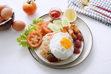 Fried rice and hot dogs, cooked fried egg, Chinese sausage and ketchup on a white background.