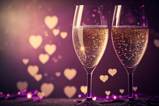 Two glasses of champagne. Romantic love background with hearts bokeh. Generative ai.