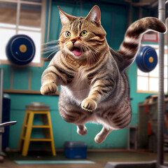 Fat cat lazy runing  funny  in gym 