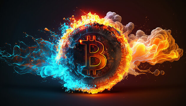 The Bitcoin is on fire in this dynamic image, set against a dazzling array of colors. This represents the high risk, high reward potential of investing in the digital currency. generative AI