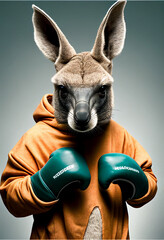 Portrait of a kangaroo in a tracksuit and boxing gloves. AI generated.