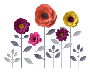 Pink and red paper craft flower bouquet. 3d illustration