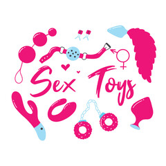 Sex toys. Poster for sex shop. Toys for adults. Heart print for an adult store. Vibrators, vaginal beads, whip, butt plugs. Vector illustration.