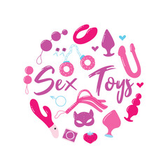 Sex toys. Poster for sex shop. Toys for adults. Print for an adult store. Vibrators, vaginal beads, whip, butt plugs. Vector illustration.