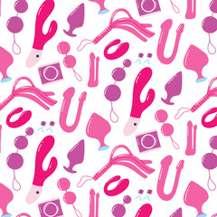 Seamless pattern with sex toys. Print for sex shop. Pattern with sex toys. Vector illustration. Flat style.