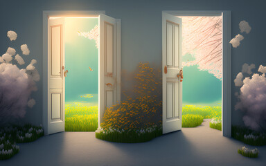 View through the open door onto spring landscape and sunrise. Generative Al Illustration.