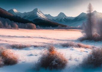 Winter landscape with frozen meadow in the mountain. Generative Al Illustration.