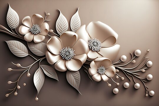 White flowers and perals white beige background created with AI