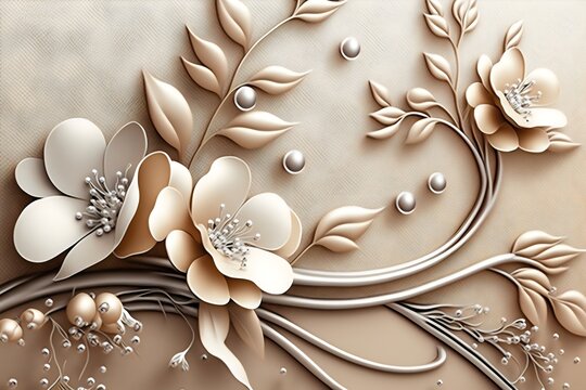 White flowers and perals white beige background created with AI
