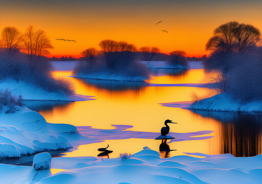 Winter landscape with frozen river and sunnrise. Generative Al Illustration.