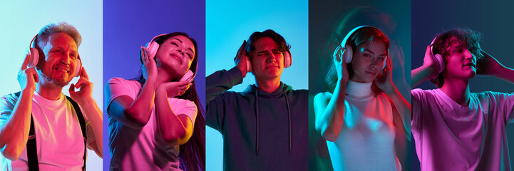 Collage made of different young people. Men and women listening to music in headphones over multicolored background in neon light. Concept of human emotions, facial expression, youth, lifestyle.