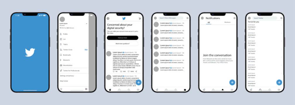 Twitter mobile interface. Twitter screen social media, social network interface template. Homepage, logo, bird. notofications, search, trends. Screenshots from iPhone 14. Editorial