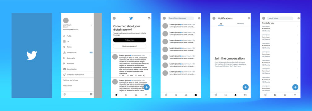 Twitter mobile interface. Twitter screen social media, social network interface template. Homepage, logo, bird. notofications, search, trends. Template of iphone 14. Editorial