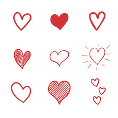 Collection of hand drawn red hearts isolated on white background. Illustration on transparent background