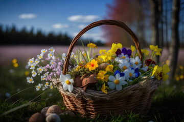 Un cesto pieno di fiori primaverili raccolti nella natura