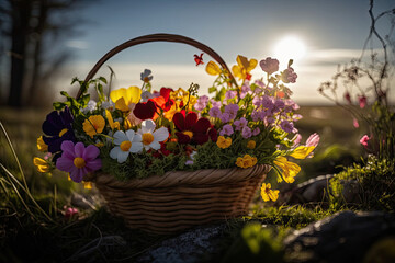 Un cesto pieno di fiori primaverili raccolti nella natura