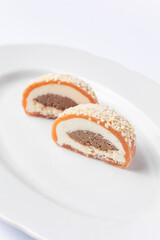 Delicious mochi on a white background, close-up. Traditional Japanese dessert
