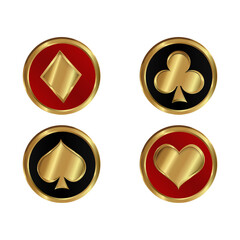 Golden card suits on a colored round medallion.