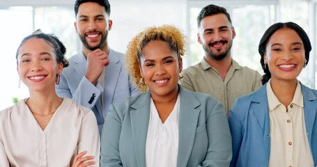 Business people, teamwork and arms crossed in office with diversity portrait, face or company vision. Group, corporate team building and collaboration for solidarity, support and friends in workplace