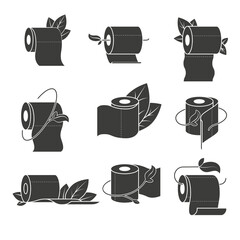 Eco toilet paper icons set. WC paper with green leaves. Illustration on transparent background