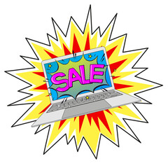 Laptop with SALE inscription on the screen.  Pop Art vintage Illustration on transparent background