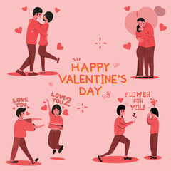 illustration vector cartoon happy valentine's day with 4 couple posture cute style 