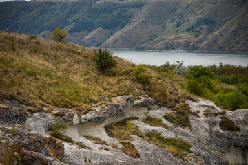 Rocky banks of the canyon above Lake Bakota on the Dniester River, Ukraine