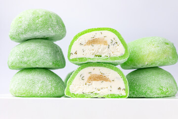 Delicious mochi on a white background, close-up. Traditional Japanese dessert
