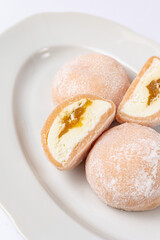 Delicious mochi on a white background, close-up. Traditional Japanese dessert
