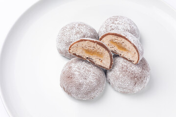 Delicious mochi on a white background, close-up. Traditional Japanese dessert
