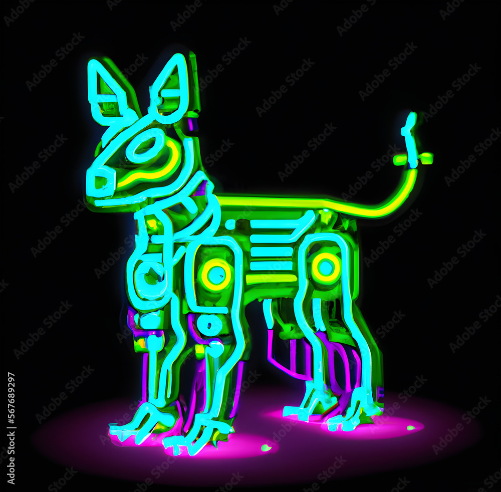 Poster abstract animal shape made with colorful neon lighting isolated in the black background - ai generat