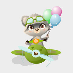 Fototapeta premium Cute raccoon with balloons drawn in cartoon style