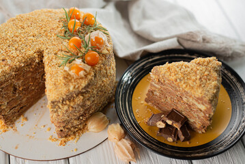 Biscuit cake home-made with nuts and custard
