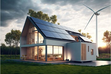 A residential house with solar panels on its roof and wind turbines. Generative AI