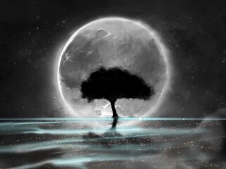 水面に浮かぶ大きな満月に照らされた大樹の影のシルエットのモノクロファンタジー風景背景イラスト